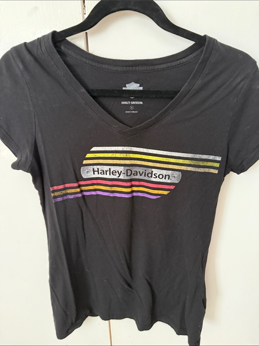 Harley-Davidson Black V-Neck Tee with Metallic Stripe Logo
